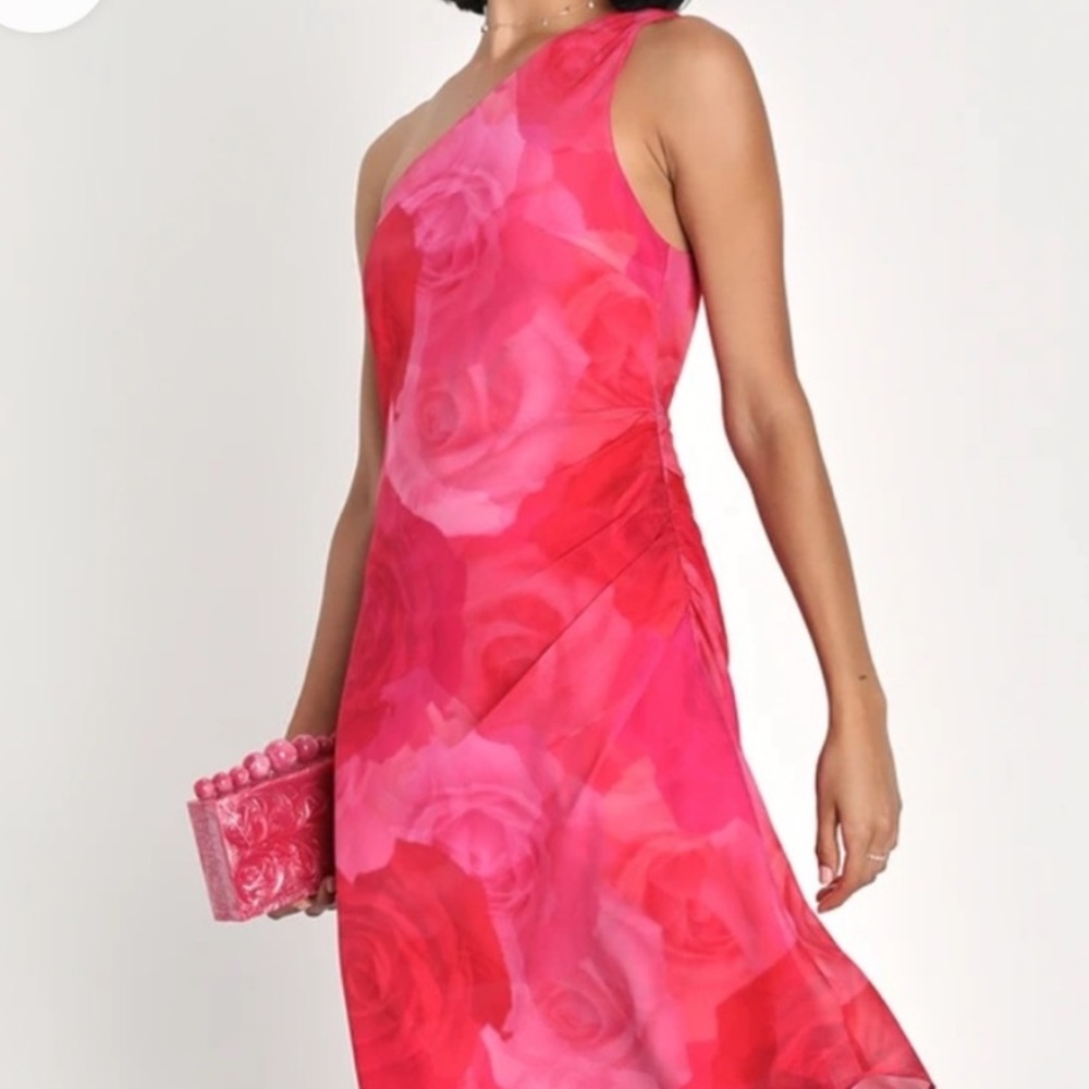 Lulus Pretty Serene Pink Floral One-Shoulder Asymmetrical Midi Dress Small New